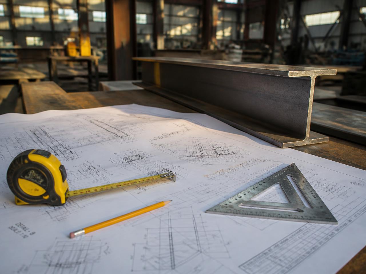 Structural steel engineering drawings with a tape measure and set square beside a steel beam